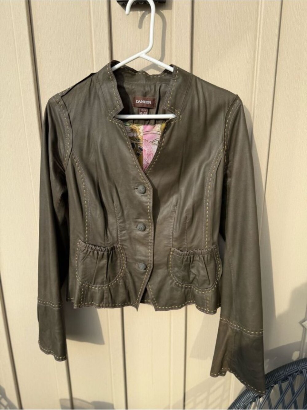 Vintage Danier Genuine Leather Olive Green Jacket with Pink & Yellow Stitching - Picture 4 of 11